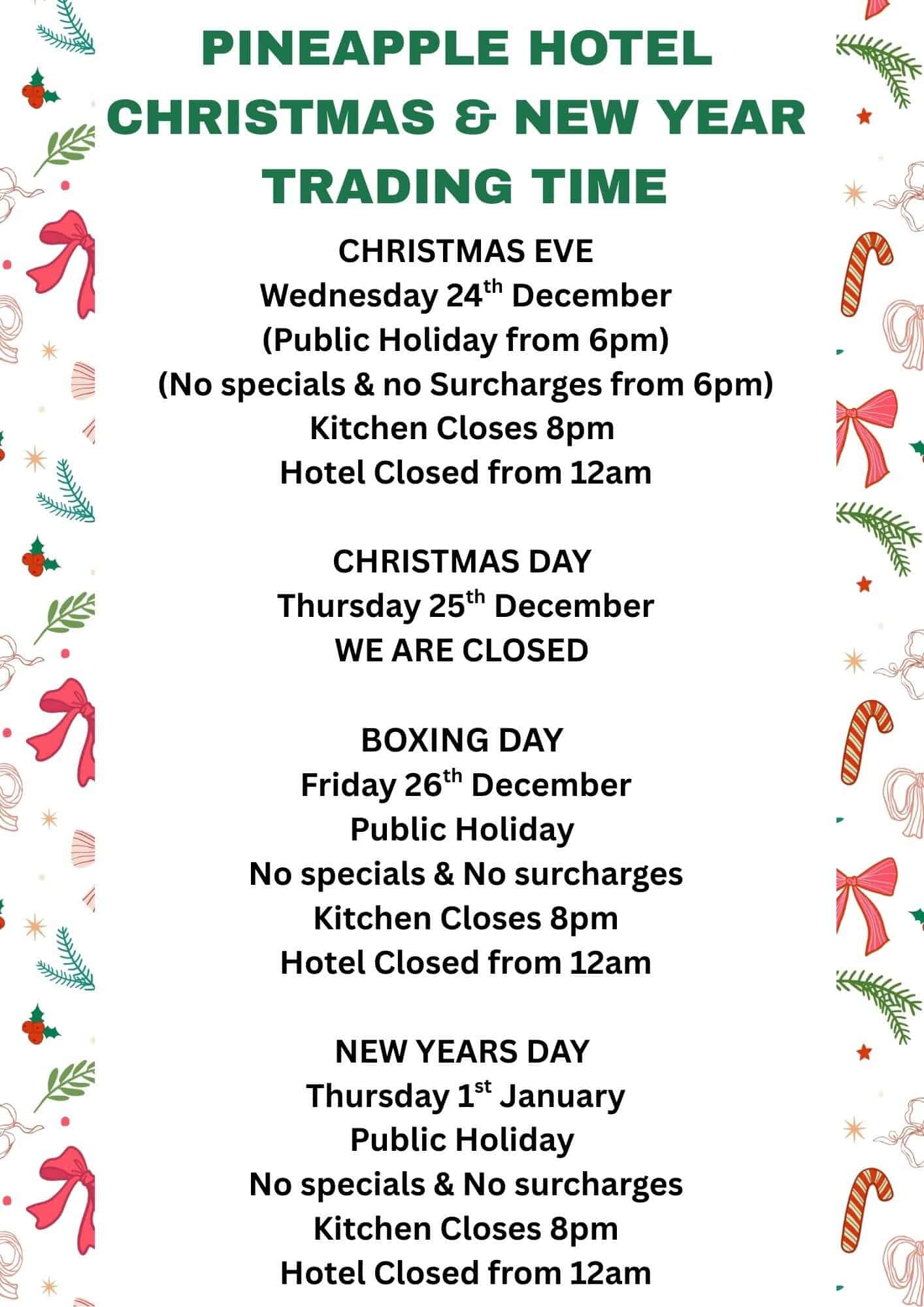 Hotel & Bottleshop trading times christmas & new year